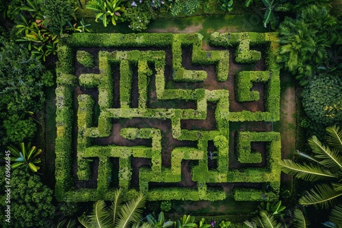 A mysterious maze intricately woven within a lush forest, creating a captivating and puzzling landscape to explore