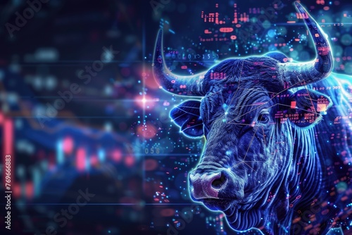 bull on a vibrant background with cryptocurrency trading charts and data bullish trend Financial investing stock market photo