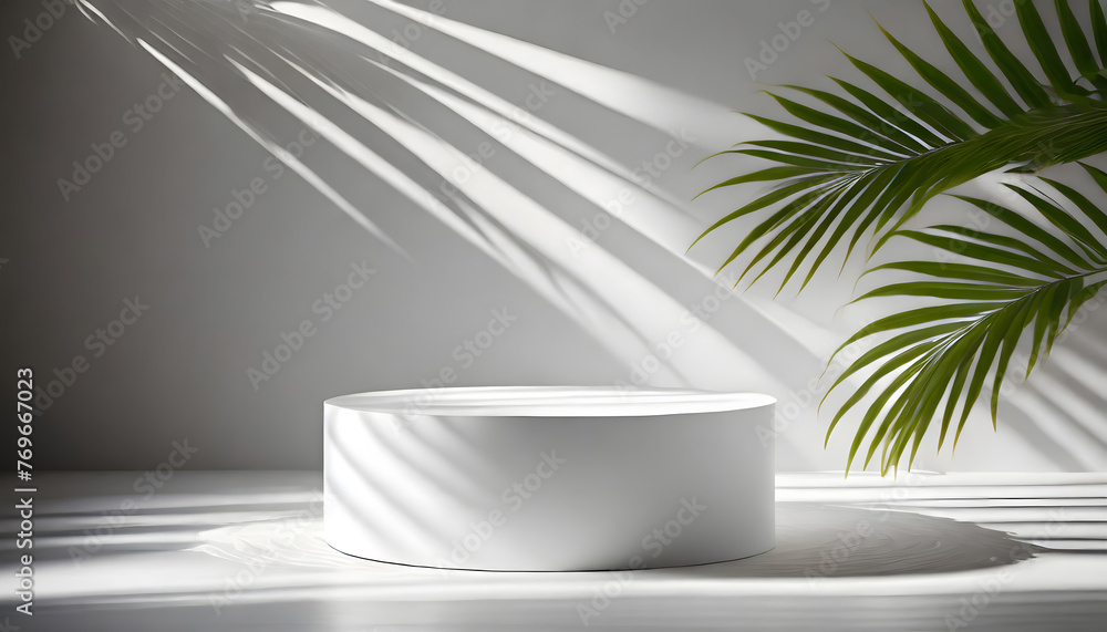Abstract white 3D room with realistic white cylinder pedestal podium set and palm leaf shado. Generative AI.