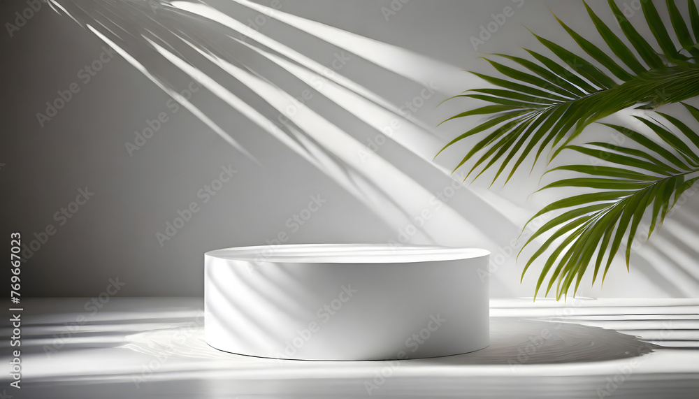 Abstract white 3D room with realistic white cylinder pedestal podium set and palm leaf shado. Generative AI. Abstract white 3D room with realistic white cylinder pedestal podium set and palm leaf shado. Generative AI.