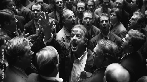 Intense moment on the trading floor with stock traders gesturing and shouting.