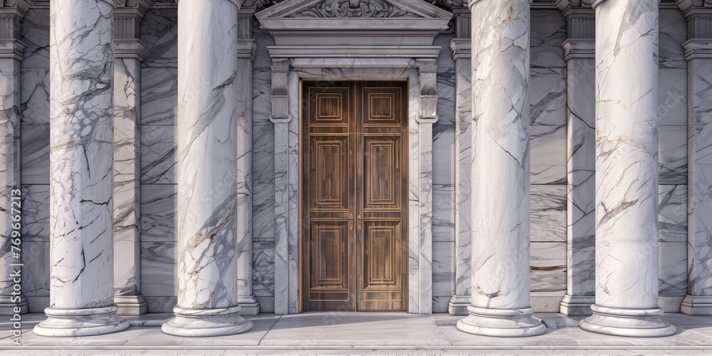 Elegant Marble Pillars & Wooden Doorway: Classic Architectural Detail Elegant Marble Pillars & Wooden Doorway: Classic Architectural Detail