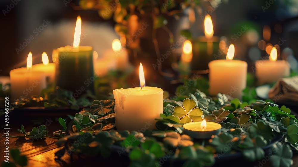Festive table serving with burning candles and clovers. Day celebration Festive table serving with burning candles and clovers. Day celebration
