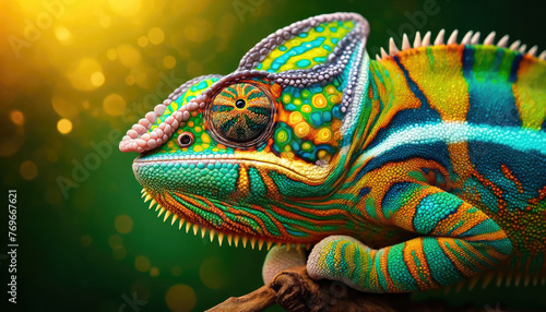 A colorful chameleon with a green and yellow head and a blue and yellow tail. The chameleon is sitting on a branch and he is looking at the camera