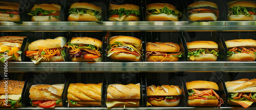 Row of various gourmet sandwiches on display in deli case. photo