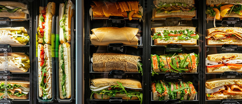 Assorted premade sandwiches displayed in a refrigerated case at a convenience store. photo