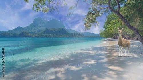 Seaside Serenity: Beach with Birds, Sand, Trees, Leaves, and Sky. Seamless looping 4k time-lapse virtual video animation background photo