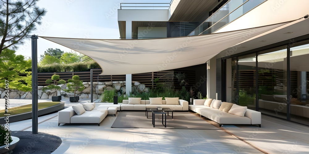 Fototapeta premium Anchored Large Fabric Shade Cover Creating Shaded Outdoor Spaces. Concept Outdoor Shade, Fabric Cover, Anchored Shade, Outdoor Spaces, Large Shade Cover