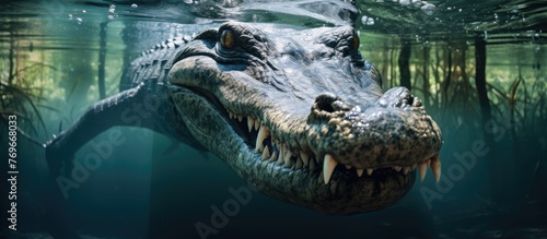 A Crocodile, a member of the Crocodilia order, is swimming in the fluid water with its mouth open in its natural fluvial landscape, showcasing wildlife behavior in the science of landscapes photo