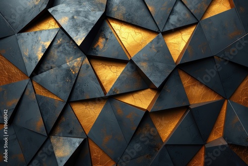 Abstract geometric background with triangles in black and golden colors with raw stone texture