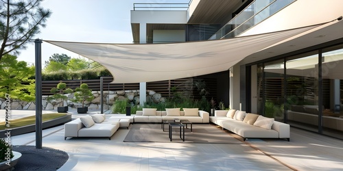 Anchored Large Fabric Shade Cover Creating Shaded Outdoor Spaces. Concept Outdoor Shade, Fabric Cover, Anchored Shade, Outdoor Spaces, Large Shade Cover © Anastasiia