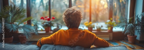 back view of old woman sitting in cozy living room with houseplant pot and flower pot, sunlight shine through window, Generative Ai photo
