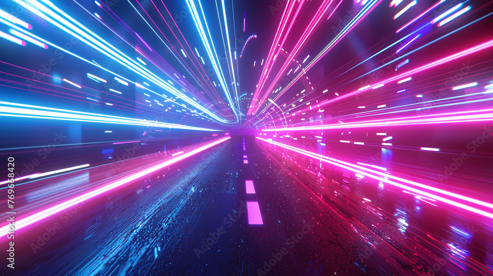 Long exposure of pink and blue neon light trails streaking over a wet road, conveying a sense of rapid motion and night-time energy.
