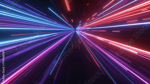 A high-speed abstract visualization with neon pink and blue light streaks converging to a point, embodying movement and energy. 