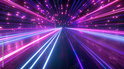 Streaks of neon pink and blue light particles rushing forward, creating a sense of hyper-speed movement through space 