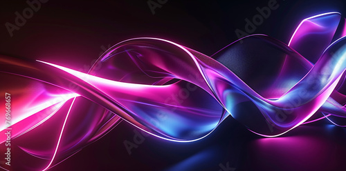 A digital abstract background featuring smooth waves of blue and pink neon light with a subtle dotted texture