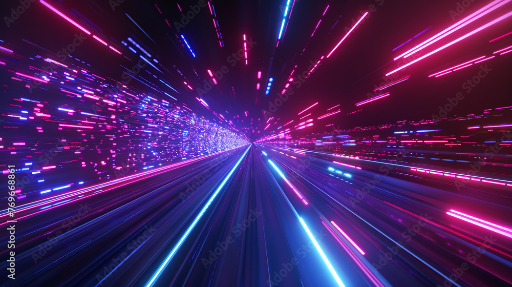 A high-speed journey through a tunnel of vibrant neon light trails, simulating a hyperspace jump in outer space - obrazy, fototapety, plakaty 
