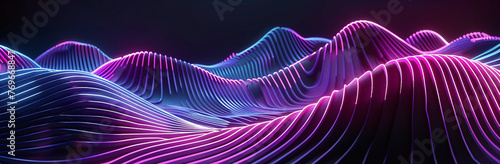 A 3D digital art piece showcasing waves formed by neon glowing lines in a mesmerizing pattern of pink and blue against a dark background