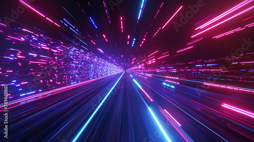 A high-speed journey through a tunnel of vibrant neon light trails, simulating a hyperspace jump in outer space photo