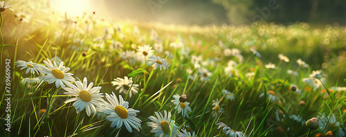 Beautiful spring landscape with meadow flowers and daisies in the grass