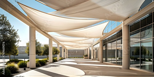 Large pieces of durable fabric stretched and anchored to create shaded spaces underneath a gamechanger in shade cover solutions. Concept Outdoor Shade Structures, Sun Protection, Fabric Canopies © Anastasiia