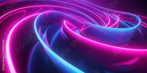 Abstract image of flowing neon ribbons in pink and blue hues, creating a sense of movement against a dark backdrop.
