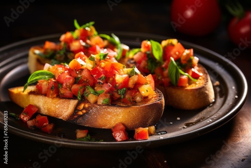 Delicious bruschetta on a rustic plate against a rusted iron background