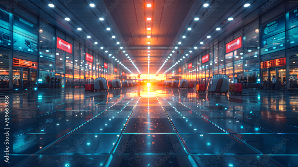 A vibrant, futuristic airport terminal bathed in the warm glow of sunset, reflecting off sleek surfaces A vibrant, futuristic airport terminal bathed in the warm glow of sunset, reflecting off sleek surfaces