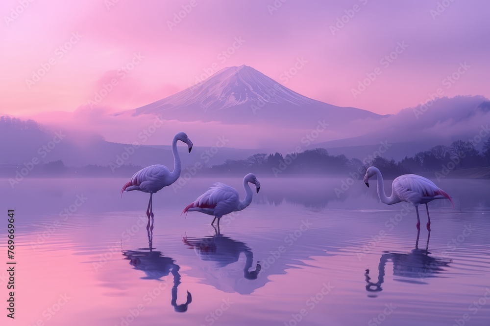 Flamingos at Lakeside with Majestic Mount Fuji at Dawn - obrazy, fototapety, plakaty 