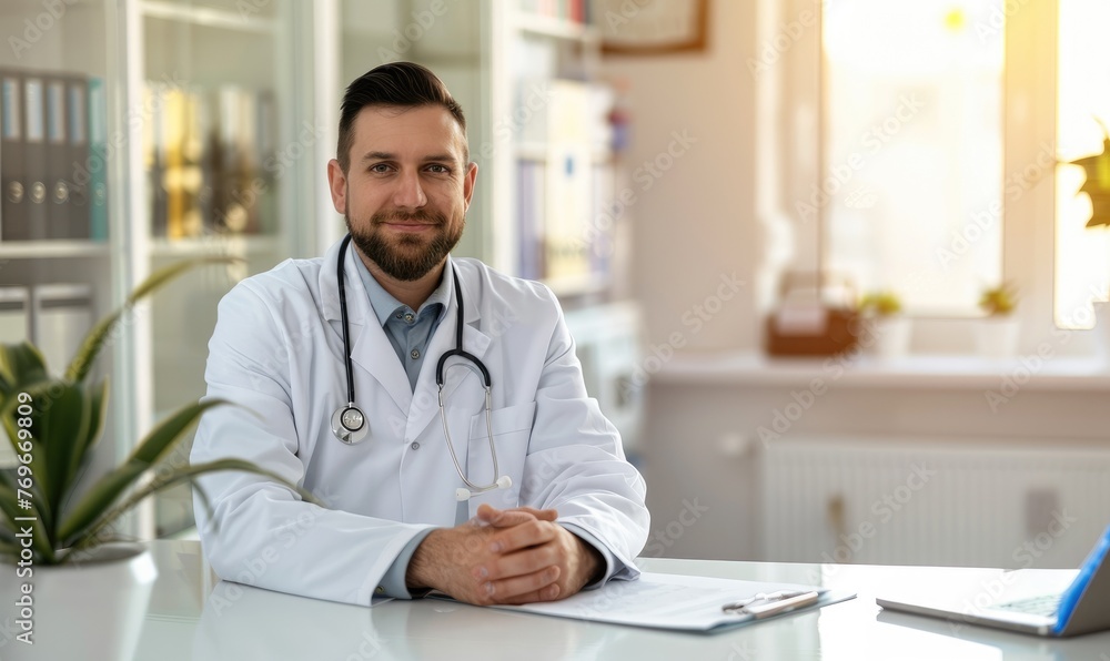 A male doctor in a lab coat is sitting behind a desk in a hospital office A male doctor in a lab coat is sitting behind a desk in a hospital office