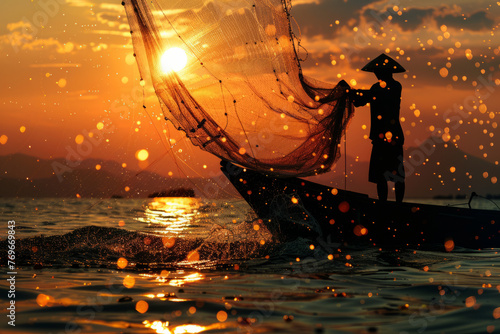 Silhouette of a fisherman casting a fishing net into the sea photo