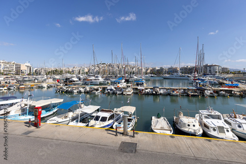 View of the port in the Bay of Zea with moored yachts, Athens, Piraeus, Greece