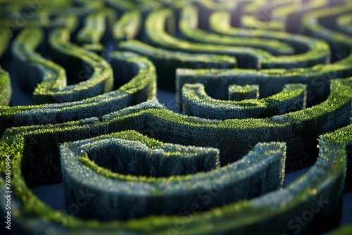 A close up of a maze made of lush green grass, showcasing intricate patterns and twists that create a captivating visual experience