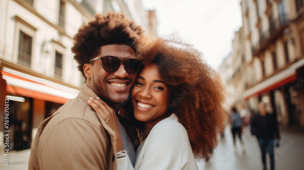 Happy African American couple hugging on the street in the city.