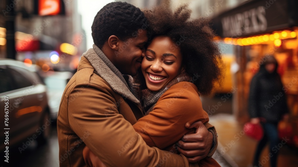 Happy African American couple hugging on the street in the city.