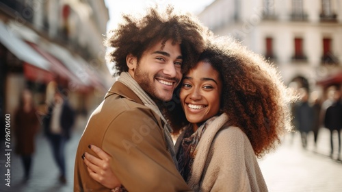 Happy African American couple hugging on the street in the city. © inthasone