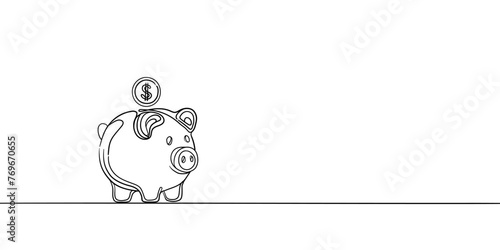 Piggy bank continuous line art drawing isolated on white background. Minimal, dollar, finance, black and white. Vector illustration
