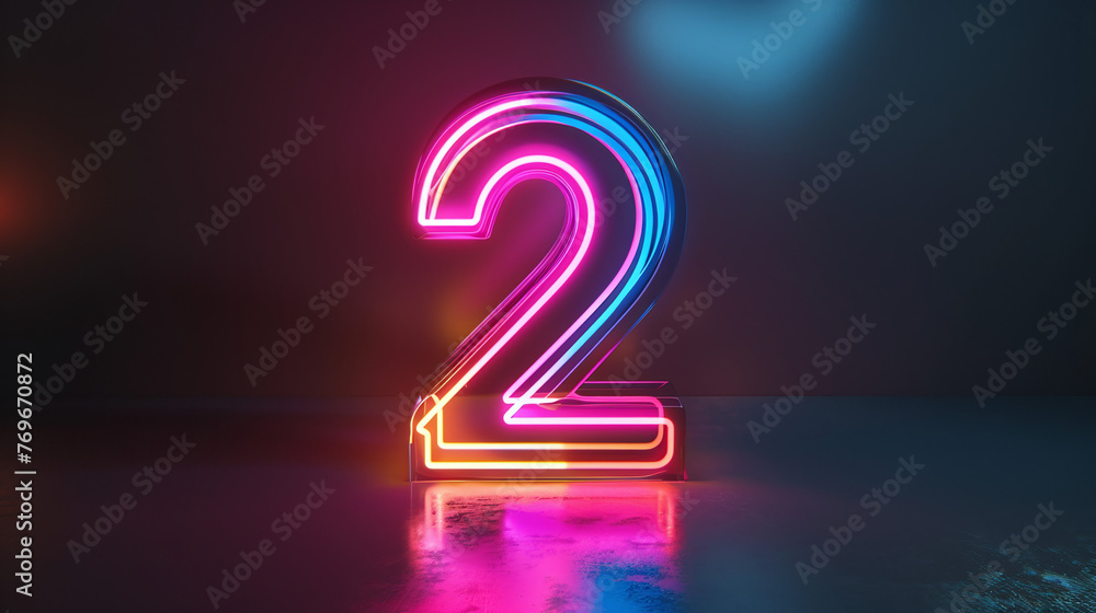 A neon glowing number two in vibrant pink and blue hues stands out against a dark, moody background A neon glowing number two in vibrant pink and blue hues stands out against a dark, moody background