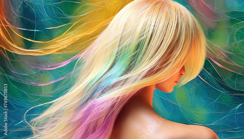 Magnifique portrait très colorés d'une femme blonde vue de dos, très longue chevelure multi couleurs, format 16/9 