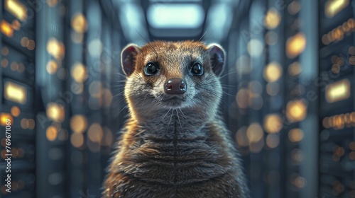 A mongoose standing guard at the entrance of a network server room, representing vigilance and protection against cyber threats in IT security.