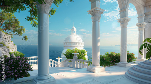3d render from imagine white dome roman in classic Italy style sea view from terrace in pavilion. photo