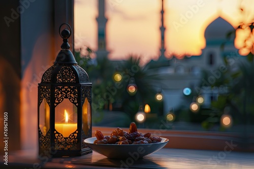 a lantern with a bowl of dates at the eid festival with a masjid at background photo