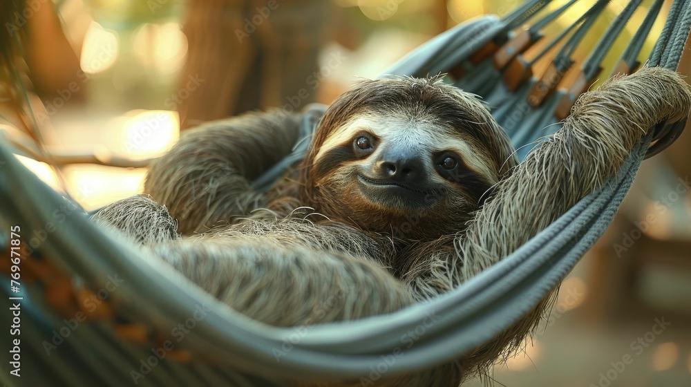 Fototapeta premium Picture a sloth lounging in a hammock against a serene slow travel backdrop, embodying the charm of leisurely scenic routes.