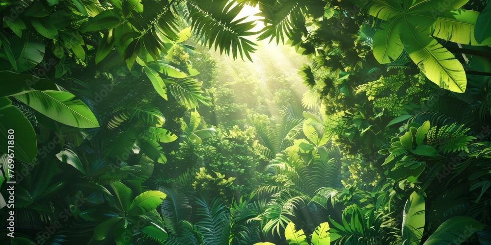A jungle canopy texture, with layers of lush green leaves and dappled sunlight filtering through, conveying the dense and untamed wilderness created with Generative AI Technology
