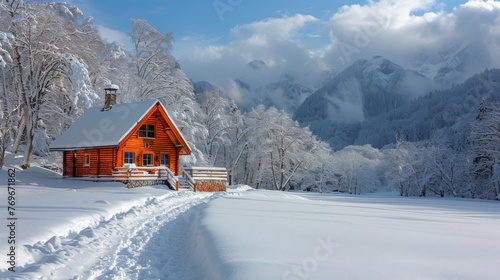 Winter Wonderland: A snowy landscape with a cozy cabin and snow-covered trees, portraying the enchantment of winter travel.