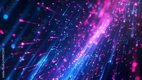 This is an abstract neon background with ultra violet rays, blue and pink glowing lines, internet data, space and time strings, speed of light, speed of light, and a cyber network data.