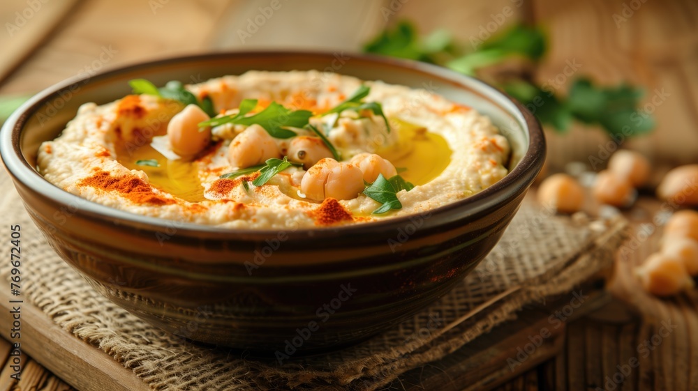 A bowl of creamy hummus topped with chickpeas, olive oil, and a sprinkle paprika on wooden table.