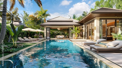 Home or house Exterior design showing tropical pool villa with sun bed,้luxury home interior Swimming pool in tropical garden pool villa feature floating balloon,slice of paradise with private pool 