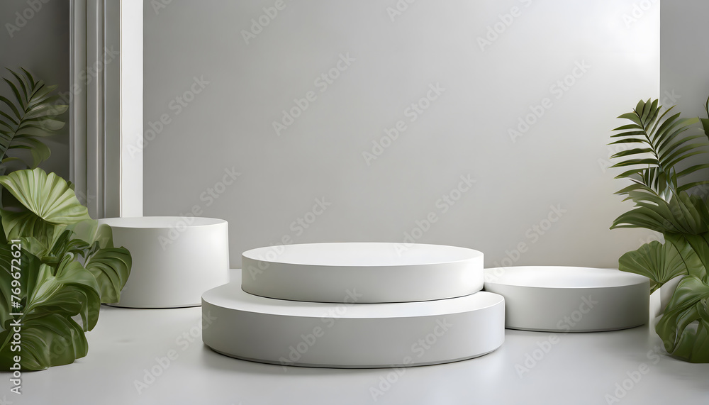 Clean white 3d room with set of round podium or stand for product display. podium scene. Generative AI. Clean white 3d room with set of round podium or stand for product display. podium scene. Generative AI.