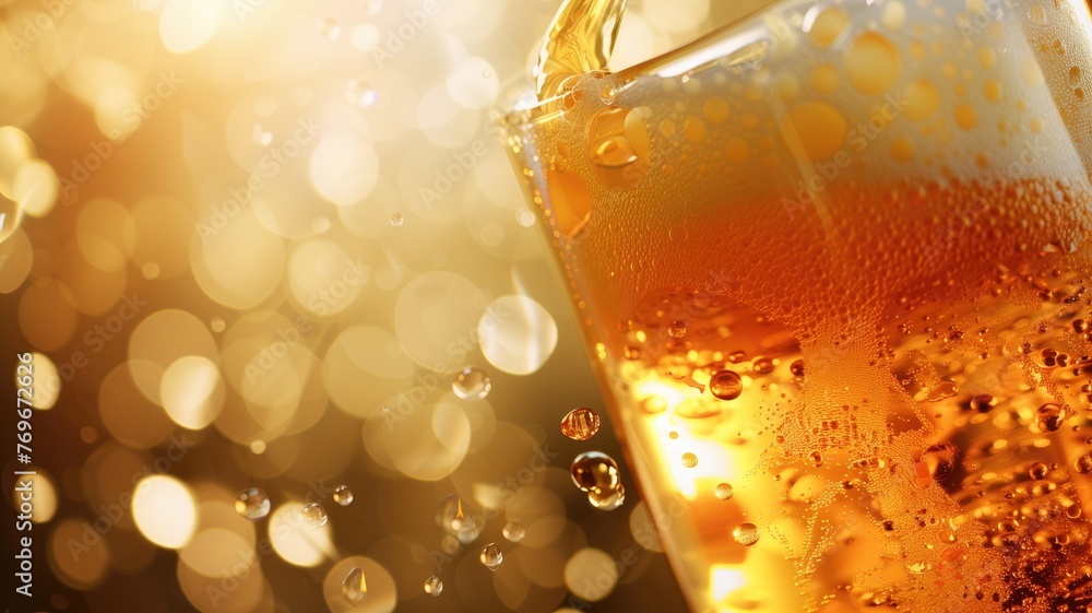 Close-up of a glass beer with bubbles and froth, illuminated warm, glowing light. - obrazy, fototapety, plakaty 